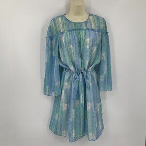 H Halston chiffon shift dress blue green pastel wide sleeves flowy white Small